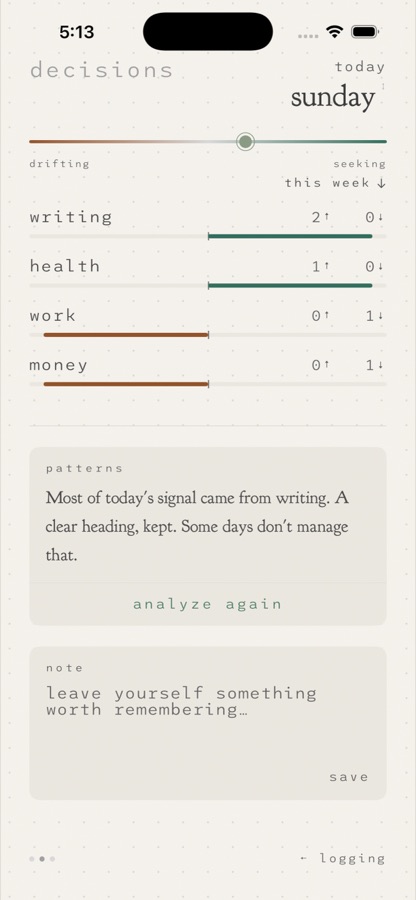 Decisions app daily log screen showing category bars and a patterns note.