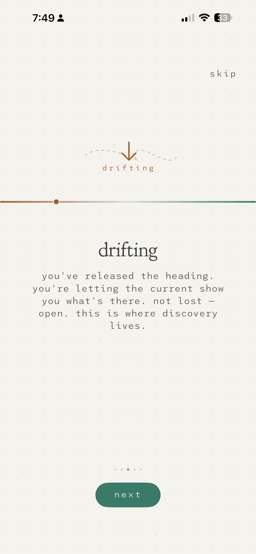 Decisions explaining drifting — 'not lost, open; this is where discovery lives'.